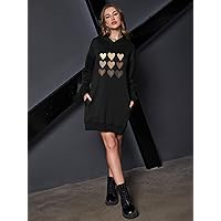 Fall Dresses for Women 2023 Heart Print Drop Shoulder Hoodie Dress Dresses for Women (Color : Black, Size : X-Small)