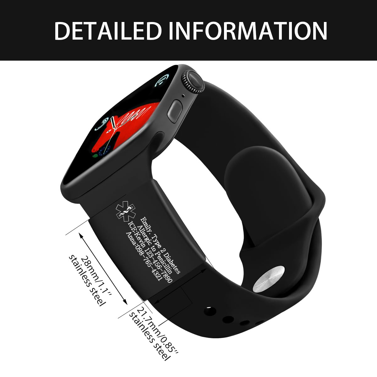 Uloveido Customized Medical Alert ID Tag for Watch Band, Personalized Stainless Steel Fitness Runners Identity Tag for Sport Smartwatch Wristband Y4313