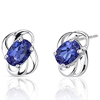 Peora Created Blue Sapphire Earrings for Women 925 Sterling Silver, 2 Carats Total Oval Shape 7x5mm, Friction Backs