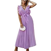 Women?s Dresses Short Sleeve Wrap V Neck Ruffle Dress with Belt Pleated Beach Long Evening Dress