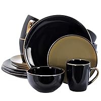 Elama Round Stoneware Grand Collection Dinnerware Dish Set, 16 Piece, Black and Warm Taupe