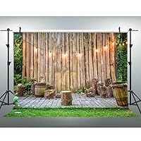 7(W) x5(H) FT Wooden Plank Lights Rustic Park Backdrop Green Plants Garden Picnic Leisure Photography Background - Great for Birthday, Studio, Booth, Party, Events, Portrait Use Props