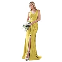 Mermaid Satin Bridesmaid Dresses for Wedding Pleated V Neck Corset Long Prom Formal Gown with Slit