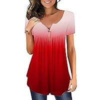Womens Tunic Tops to Wear with Leggings, Womens Tops Hide Belly Tunic 2023 Short Sleeve Hide Belly Gradient Tee T-Shirt Casual Dressy Button V-Neck Casual Dressy Blouses