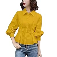 Fashionable Lapel Button Splicing Versatile Pleated Lantern Sleeve Shirt Women's Spring Casual Top Loose Shirt
