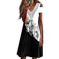 Women Summer Dresses 2023 Elegant Printed Cold Shoulder V Neck Lace Patchwork Party Midi Dress