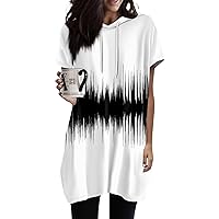 Summer Hoodies for Women Short Sleeve Crew Neck Oversized Sweatshirts Drawstring Solid Color Tunic Topss with Pockets