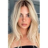 vedar Honey Blonde Wigs with Bangs, Ombre Brown to Blonde Synthetic Hair Wig, Middle Part Shoulder Length Part Natural Straight Wigs for Women, VEDAR-163