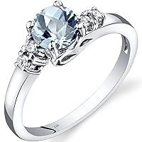 PEORA Aquamarine and Diamond Solstice Ring for Women 14K White Gold, Natural Gemstone Birthstone, 0.75 Carat Round Shape 6mm, Comfort Fit, Sizes 5 to 9