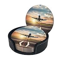 (Airplane) Print Leather Coasters Set of 6 for Drinks with Holder Absorbent Round Cup Mat Pad for Living Room Dining Table Kitchen Home Decor Housewarming Gift
