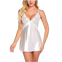 Floral Lace Chemise Nightgown Sexy Lingerie for Women, V Neck Sling Nightdress Soft Satin Babydoll Sexy Pajamas