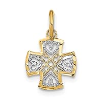 14K Yellow Gold w/Rhodium-Plated & Shiny-Cut Hearts In Cross Charm