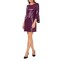 Vince Camuto Womens Purple Sequined Unlined Pullover Bell Sleeve Round Neck Short Cocktail Fit + Flare Dress L