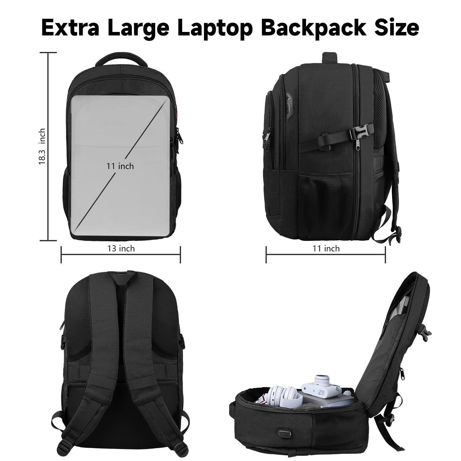 Lapsouno Large Travel Backpack, Laptop Backpack, Carry on Backpack, Durable Extra Large 17 Inch TSA Friendly Business Travel Laptop Backpack with USB Port, Anti Theft Bag Gifts for Men Women, Black
