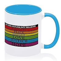 Funny Coffee Mug In This House We Believe Coffee Cup Rainbow Pride Parades Glossy Ceramic Mugs Gifts for Best Friend Boyfriend Wife Girls 11oz Blue
