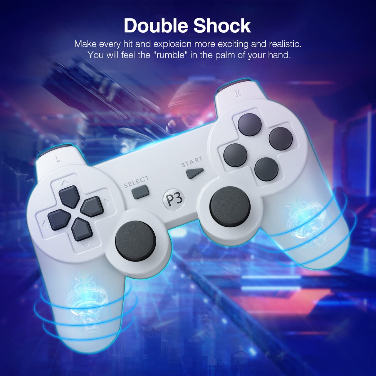 Powerextra PS-3 Wireless Controller Compatible with Play-Station 3, 2 Pack High Performance Gaming Controller with Upgraded Joystick Double Shock for Play-Station 3 (White)