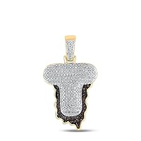 The Diamond Deal 10kt Yellow Gold Mens Round Red Color Enhanced Diamond Letter T Blood Charm Pendant 5/8 Cttw