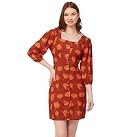 Printed Short Dresses for Women, Button-Up Square Neck 3/4Th Sleeve Dress