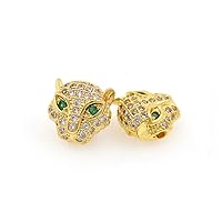Green Eyes Leopard Beads,Animal Beads,Clear Cubic Zirconia Beads,Panther Head Charm 11X11X6mm Gold 8Pcs