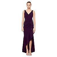 Betsy & Adam Women's Long V-Neck Dress with Cascade Detail-Hi-lo Hemline in Stretchable Polyester Blend