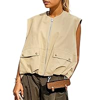 PEHMEA Women Zip Up Cargo Vest Ruched Hem Sleeveless Jacket Bubble Vest for Women Versatile Tops with Pockets