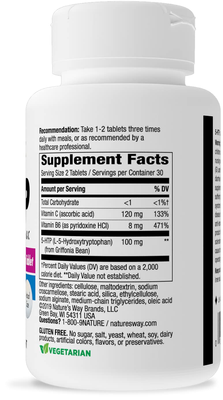 Nature's Way 5-HTP, Calms Nerves and Supports Appetite*, L-5-Hydroxytryptophan, Vitamins B6 & C, Griffonia Bean Extract 50 mg Per Tablet, 60 Count