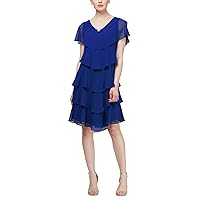S.L. Fashions Women's Short Sleeve Solid Pebble Tiered Chiffon Dress (Missy and Petite)