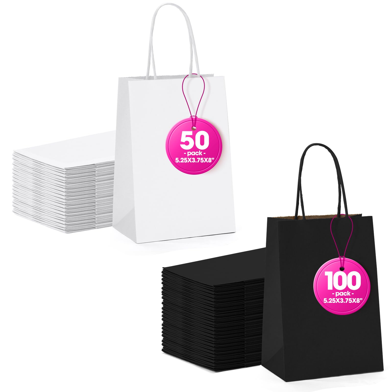 MESHA Black Gift Bags 5.25x3.75x8 Inches 100Pcs & 50Pcs White Paper Bags with Handles Small Shopping Bags,Wedding Party Favor Bags
