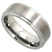 Tungsten Carbide 8 mm Flat Wedding Band Ring Satin Finished Center Recessed Edges, Sizes 7 to 14