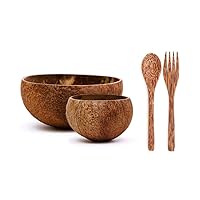 2 Eco-Friendly Raw Coconut Bowls (Small & Jumbo) w/Coconut Wood Spoon & Fork - 100% Natural, Organic Kitchen Set - Handcrafted from Reclaimed Coconut Shells + Offcuts