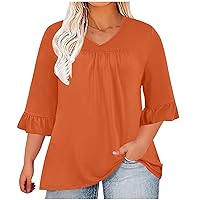 Womens Plus Size Tops 3/4 Ruffle Sleeve T Shirts Casual V Neck Pleated T Shirt Loose Fit Tunic Dressy Blouses L-5XL