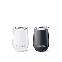 Stainless Steel Wine Tumbler: Double-Wall Vacuum Insulated Stemless Wine Glass with Lid, 12-Ounce, Set of 2, Midnight Black/Arctic White