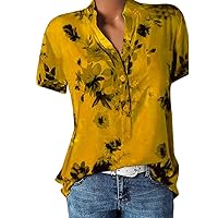 Women Henley Tunic Tops 2023 Summer Plus Size Floral Tops V Neck Short Sleeve Dressy Tshirt Button Down Work Casual Blouses