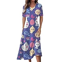 Women's Easter Dresses for Girls Casual Fashion Print V-Neck Short Sleeve Waist Long Swing Dress, S-2XL