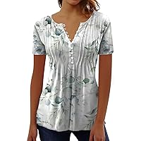 Women's Button Down Shirt Retro Print Short Sleeve Casual Basic Round Neck Regular Top Vneck Tshirts Shirts, S-3XL