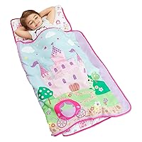 Toddler Nap Mat with Removable Pillow -Princess Storyland- Carry Handle with Fastening Straps Closure, Rollup Design, Soft Microfiber for Preschool, Daycare, Sleeping Bag -Ages 2-6 years
