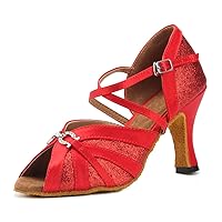 TDA Women's Ankle Strap Buckle Satin Salsa Tango Samba Rumba Modern Latin Dance Wedding Shoes