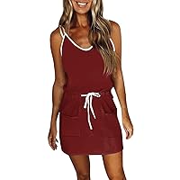 Summer Dresses for Women Boho Casual Loose Sling Sleeveless V-Neck Solid Colors Mini Sun Beach Dress with Pockets