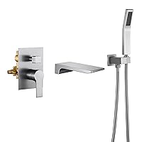 SHAMANDA Waterfall Wall Mounted Bathtub Faucet with Hand Shower, Bathroom Single Handle Tub Faucet Modern Brass Tub Shower Faucet Set(Including Rough-In Valve Body and Trim), Brushed Nickel, L901-2