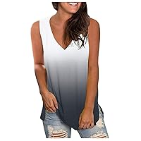 Women Summer Casual T Shirts Deep V Neck Loose Tank Tops 2024 Stylish Tee Tops Gradient Print Lightweight Flowy Shirt