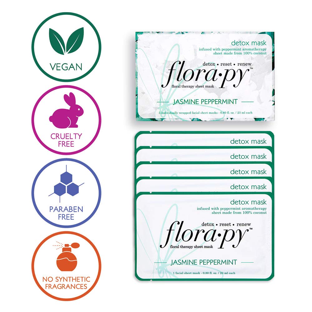 Aromatherapy Facial Sheet Mask - Hydrating - Essential Oils - Detox Jasmine Peppermint (5-Pack) by Florapy Beauty