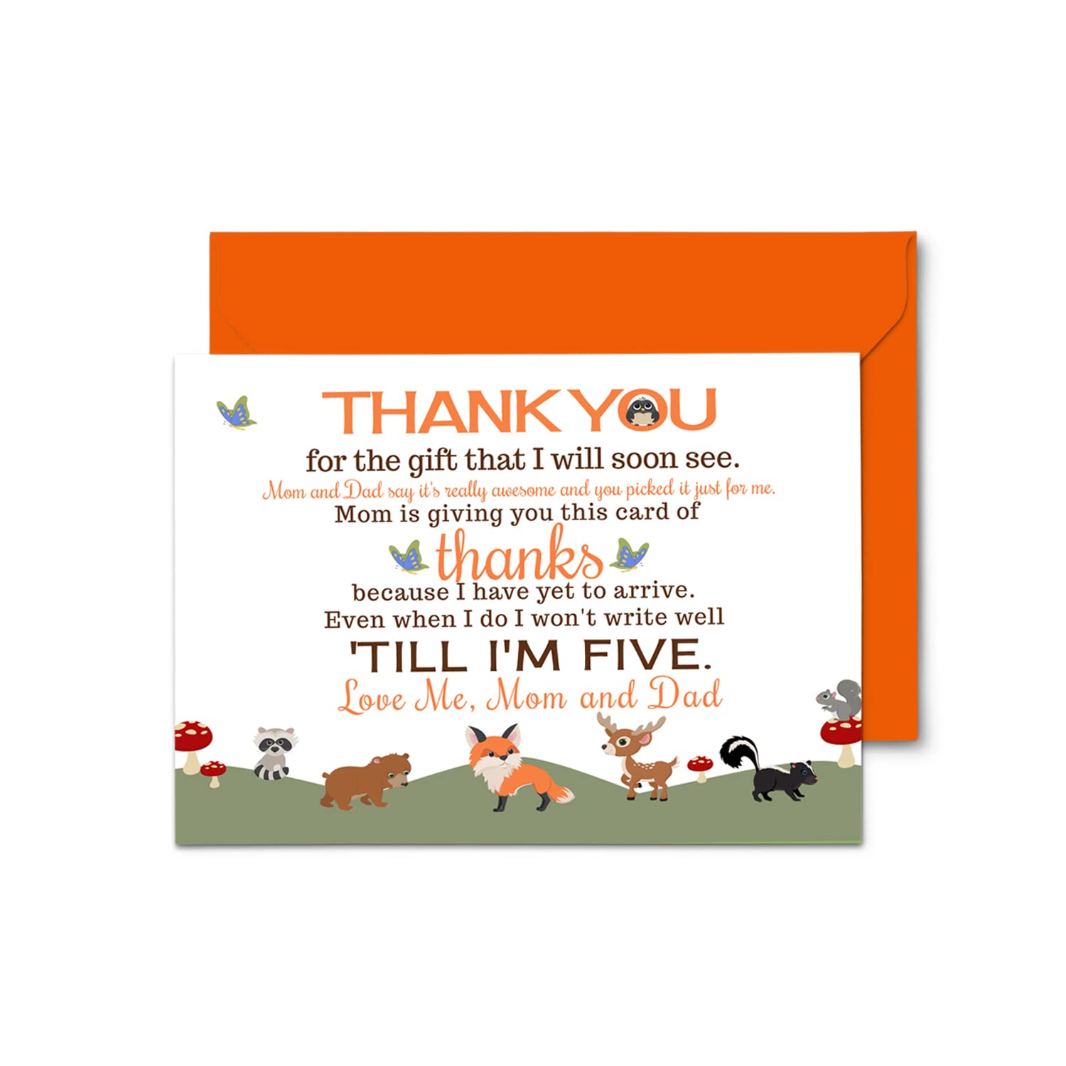 Woodland Baby Shower Thank You Cards with Envelopes (15 Pack) Prefilled Thanks from Boy or Girl – Individual Rustic Notecards for Babies Registry Gifts – Neutral Theme Orange