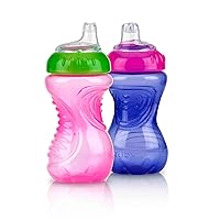 Nuby 2-Pack No Spill Easy Grip Trainer Cup 10 oz, Coral/Aqua or Pink/Purple