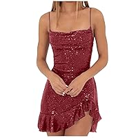 Clearance Sparkly Party Dress for Women Sexy Spaghetti Strap Mini Dresses Ruffle Glitter Sling Dress Going Out Short Dresses Robe Cocktail Femme Wine