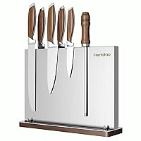 Magnetic Knife Block,Stainless Steel Magnetic Knife Holder Rack for Kitchen Counter,Strong Double Sided Magnet Knife Storage Stand with Wood Base