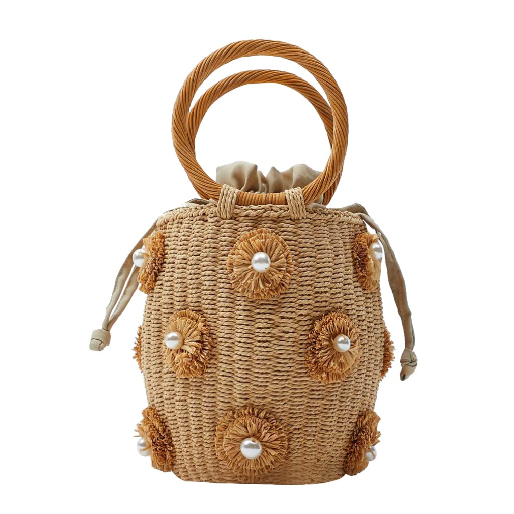 NIBD Flower Pearls Rattan Tote Bag Summer Beach Drawstring Straw Bucket Bag Diamonds Woven Handbag