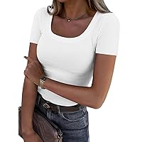 Women's Square Neck Short Sleeve Tee Shirt 2024 Summer Ribbed Slim Fit Ribbed Knit Basic Casual Basic Top Blouses