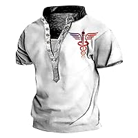 Mens Distressed Henley Shirts Retro Short Sleeve Tees Shirts Casual Button Down Washed T-Shirts Printed Tops Blouse