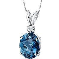 PEORA London Blue Topaz with Diamond Solitaire Pendant for Women 14K White Gold, Genuine Gemstone Birthstone, 3 Carats Oval Shape 10x8mm