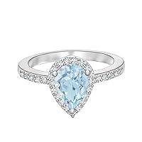 0.75 Cts Pear-Shape Blue Aquamarine Gemstone 9k Gold Halo Engagement Ring